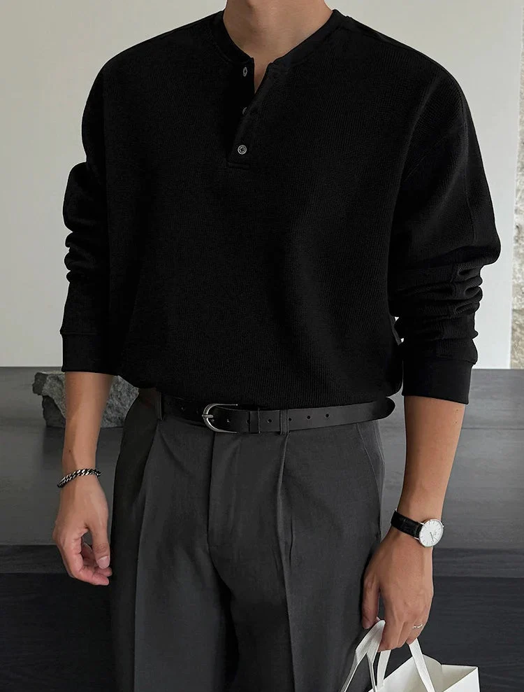 Waffle Knit Long Sleeve Henley Pullover - Image 7