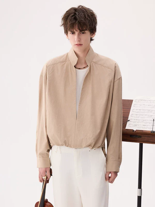 Washed Cotton Stand Collar Shirt - Image 3