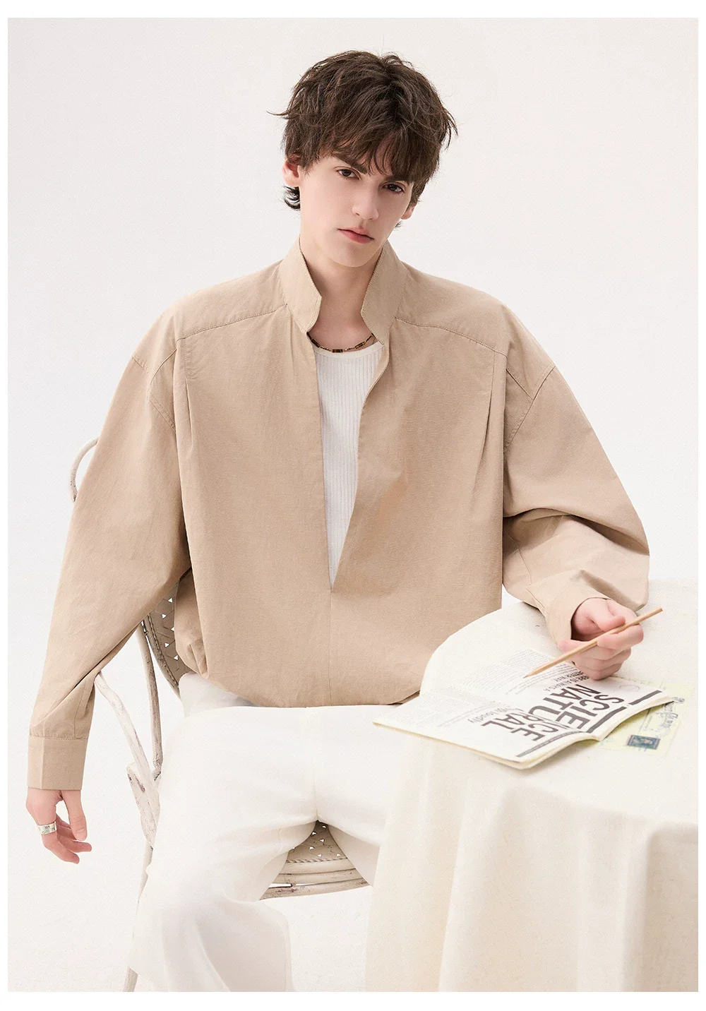 Washed Cotton Stand Collar Shirt - Image 7