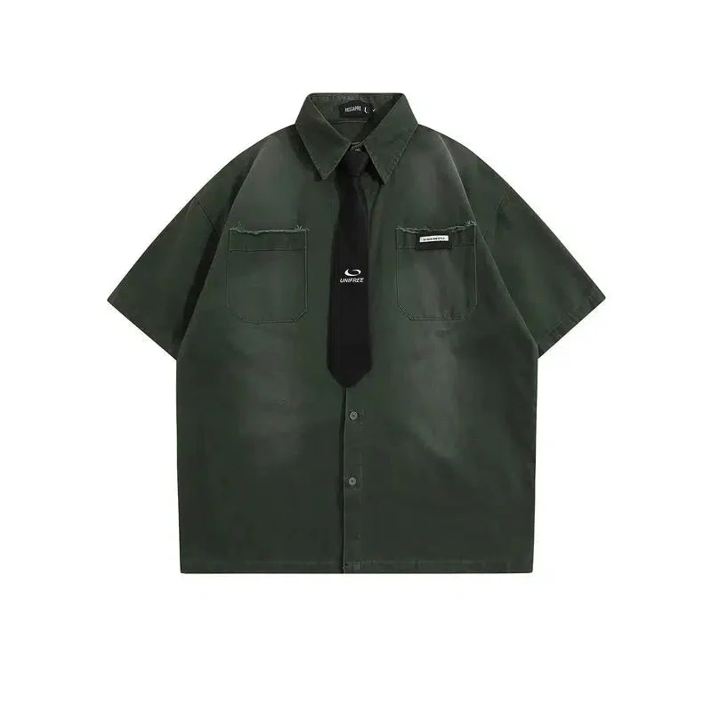 Washed Short-sleeved Shirt with Tie - Image 4