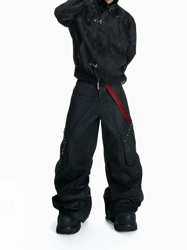 Waxed Wide-Leg Multi-Pocket Cargo Pants - Image 3
