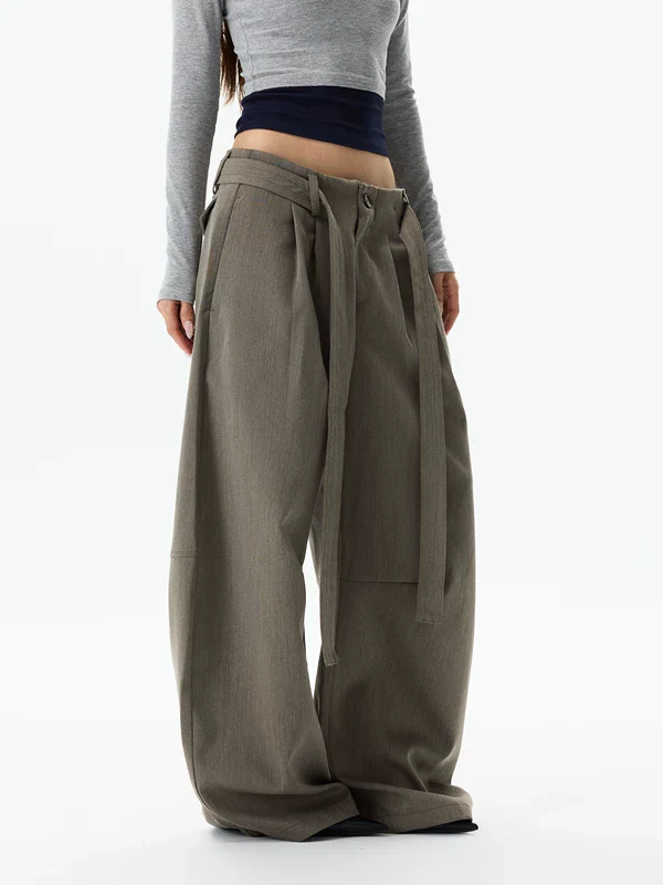 Wide Leg Belted Drape Casual Pants - Image 3