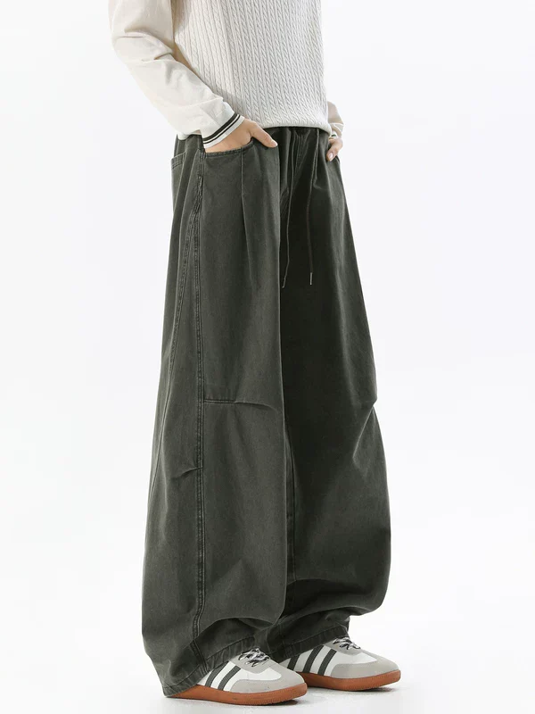 Wide Leg Cotton Drawstring Cargo Pants - Image 5