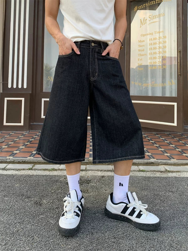 Wide-Leg Cropped Denim Streetwear Pants