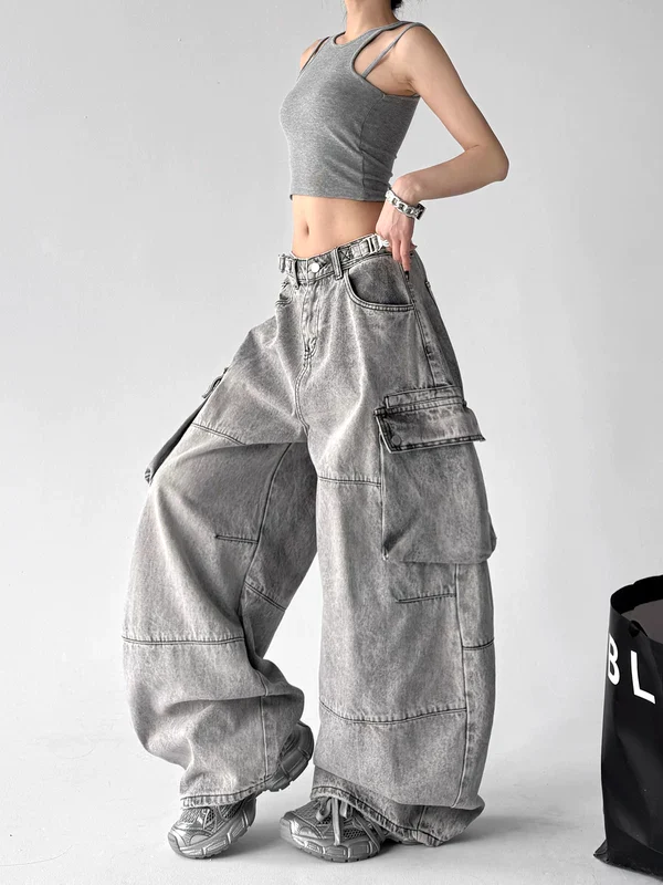 Wide Leg Denim Cargo Pants - Image 2