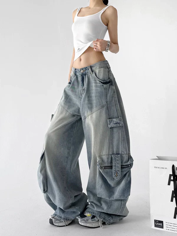 Wide Leg Denim Cargo Pants - Image 2