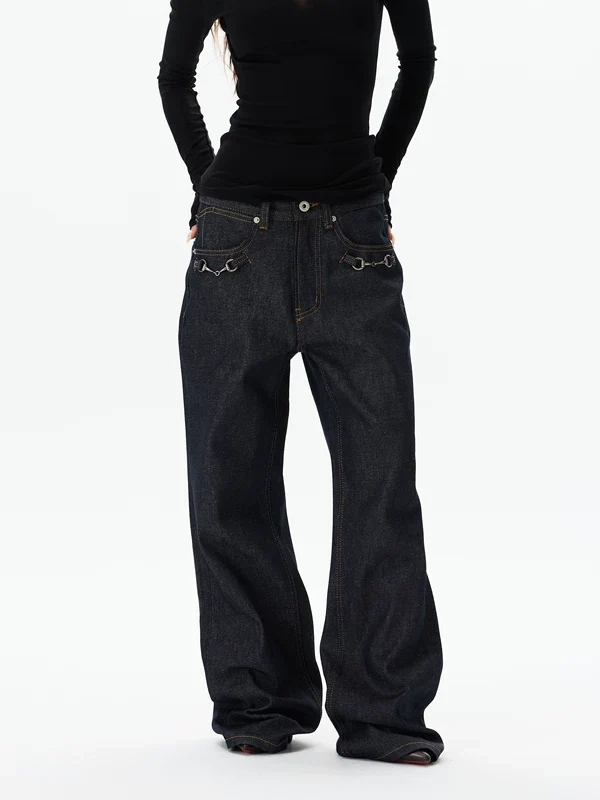 Metal Detail Wide Leg Denim Pants - Image 2