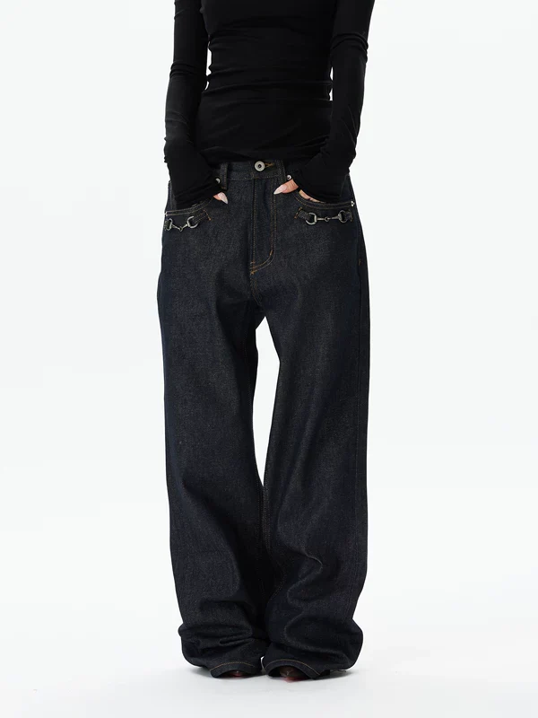 Metal Detail Wide Leg Denim Pants - Image 3