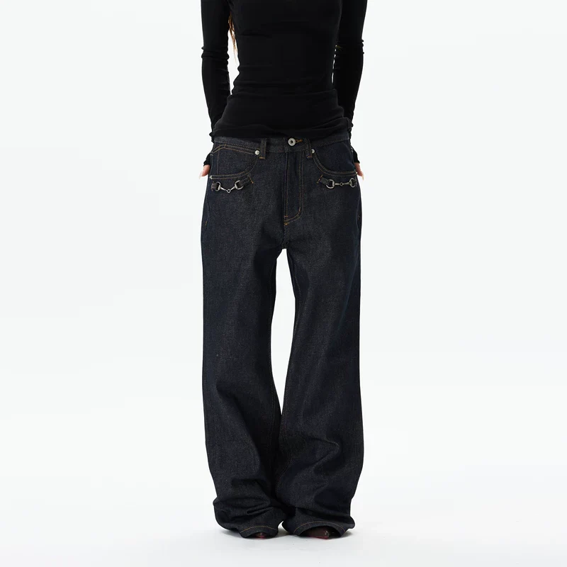 Metal Detail Wide Leg Denim Pants - Image 5