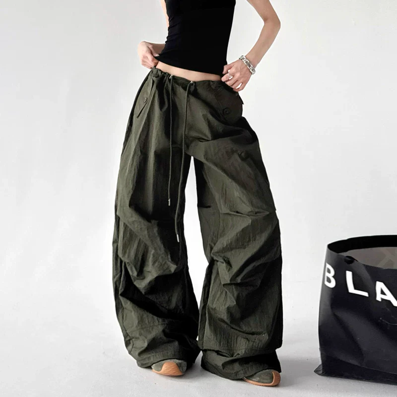 Wide Leg Drawstring Cargo Paratrooper Pants