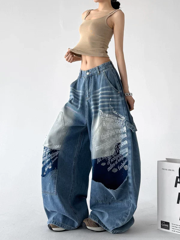 Wide Leg Graffiti Print Denim Pants - Image 2