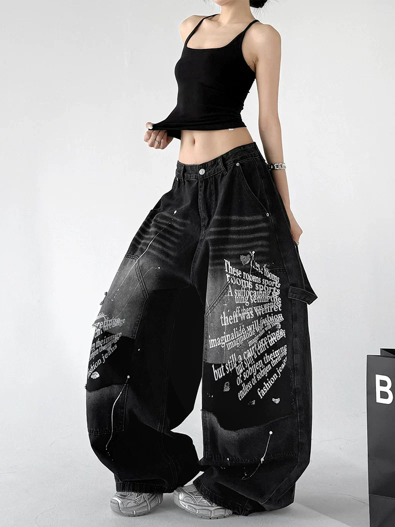 Wide Leg Graffiti Print Denim Pants - Image 8