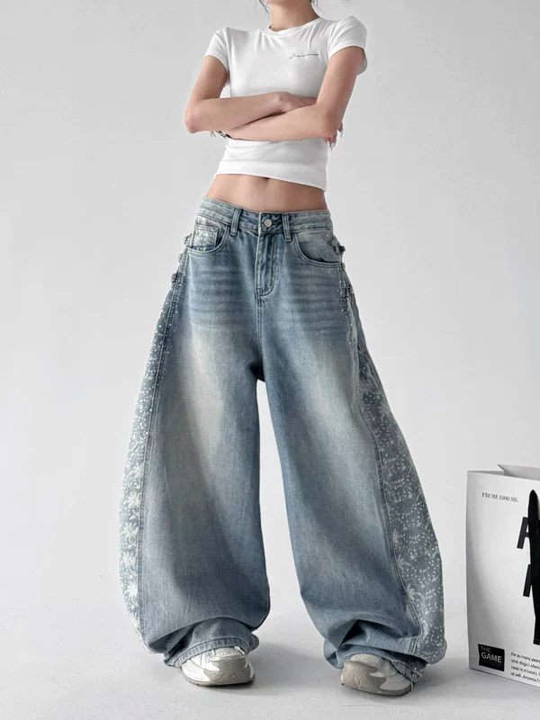 Wide Leg Patterned Distressed Denim Pants - Image 3