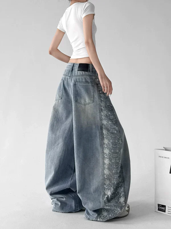 Wide Leg Patterned Distressed Denim Pants - Image 4