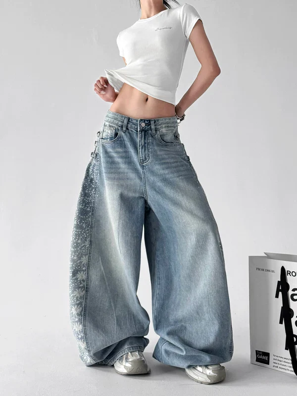 Wide Leg Patterned Distressed Denim Pants - Image 5