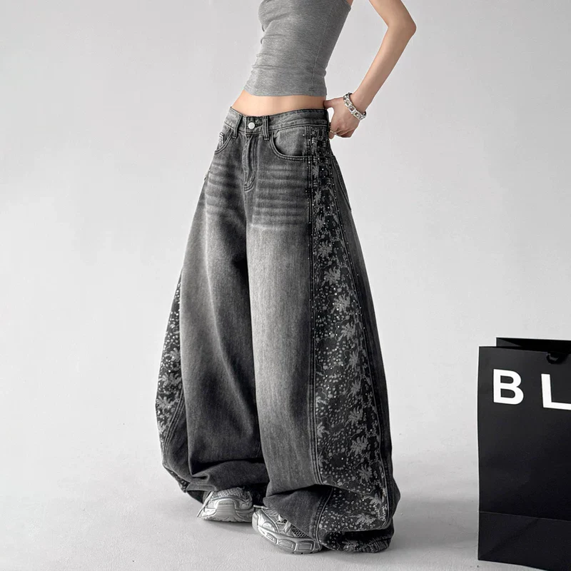 Wide Leg Patterned Distressed Denim Pants - Image 6