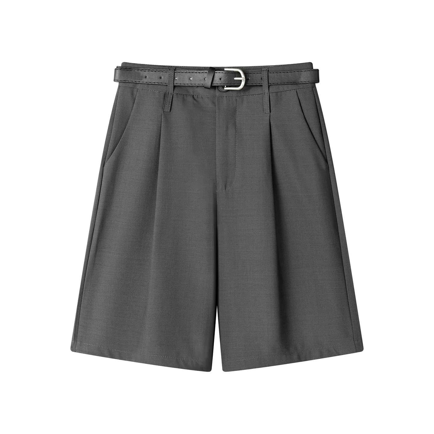 Wide-Leg Pleated Casual Suit Shorts With Belt