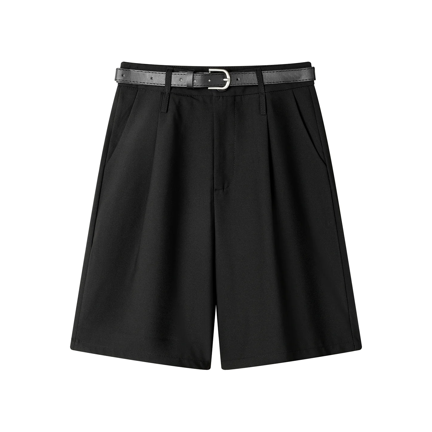 Wide-Leg Pleated Casual Suit Shorts With Belt - Image 5