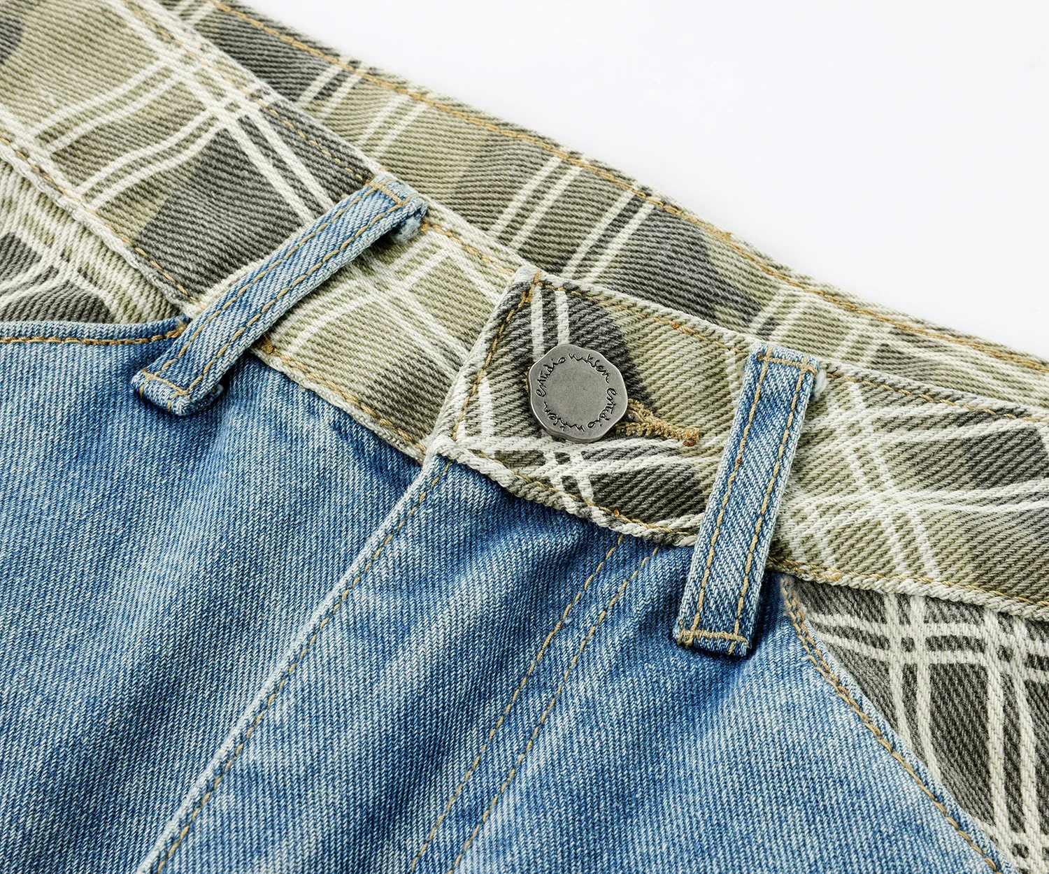 Wide-Leg Ripped Plaid Patchwork Jeans - Image 5
