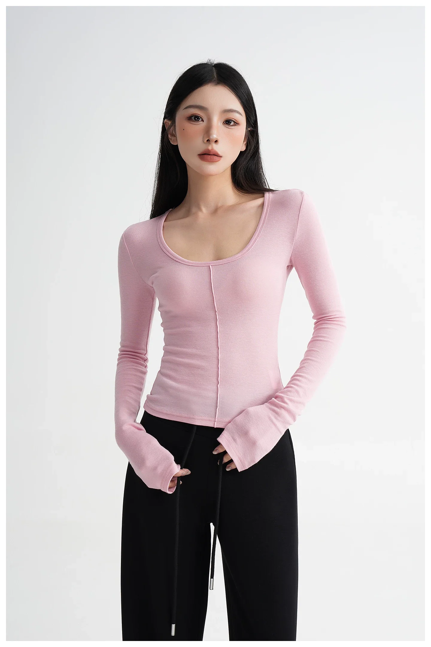 Wool Fitted Scoop Neck Long Sleeve Top - Image 11