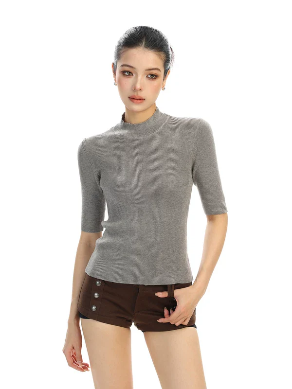 Wool Ribbed Mock Neck Knit Top - Image 5