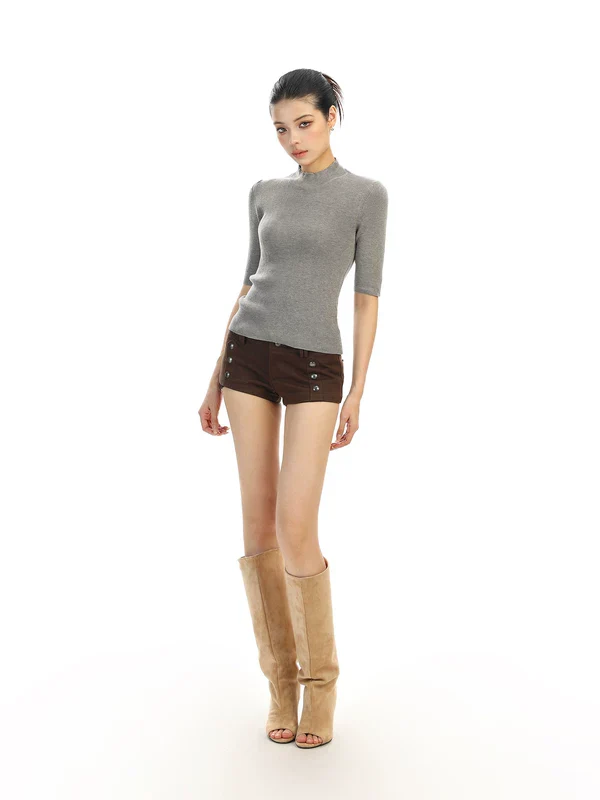 Wool Ribbed Mock Neck Knit Top - Image 7