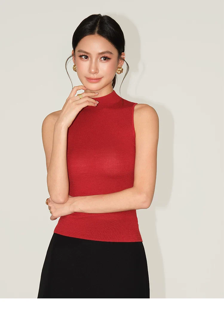 Wool Ribbed Mock Neck Sleeveless Top - Image 16