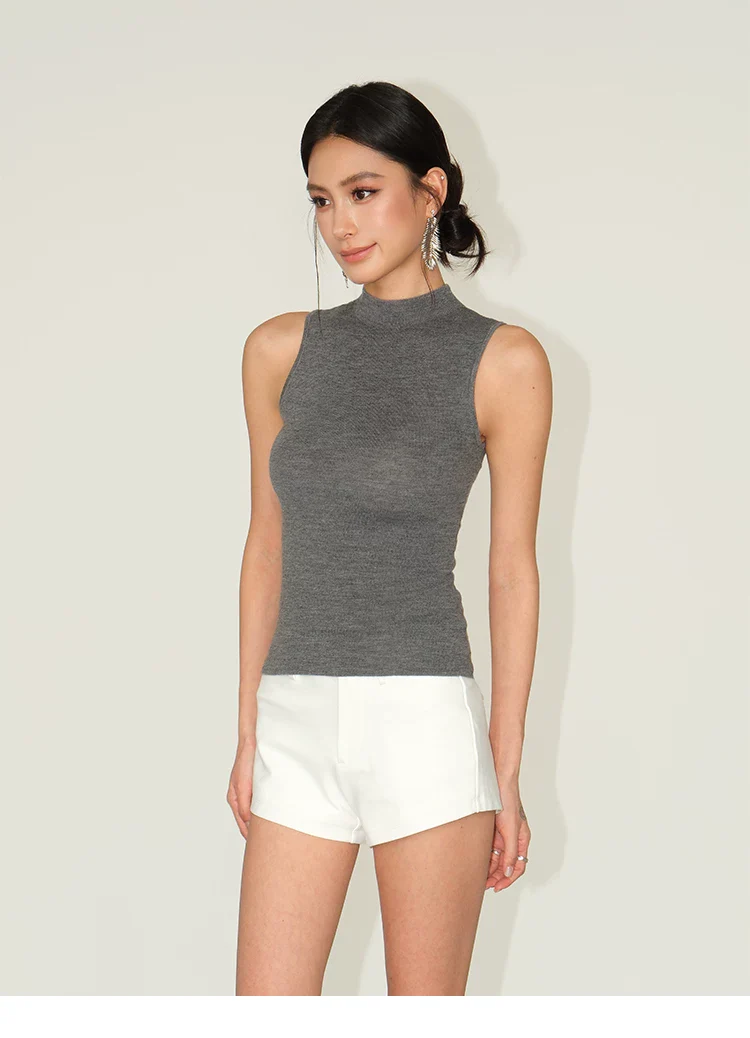 Wool Ribbed Mock Neck Sleeveless Top - Image 17