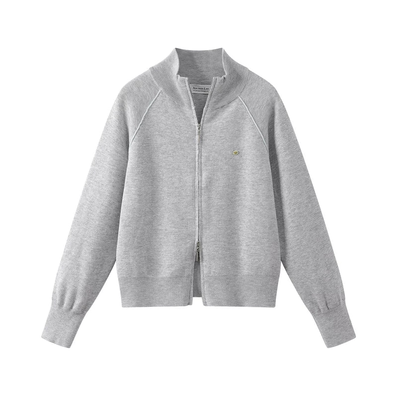 Zip Front Knit Stand Collar Sweatshirt - Image 3