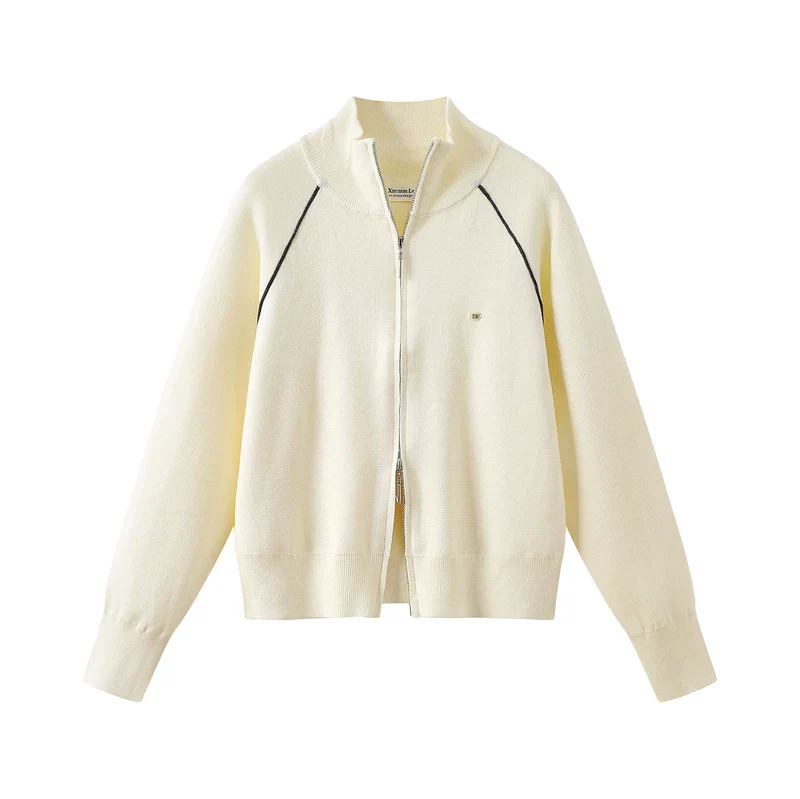 Zip Front Knit Stand Collar Sweatshirt - Image 4