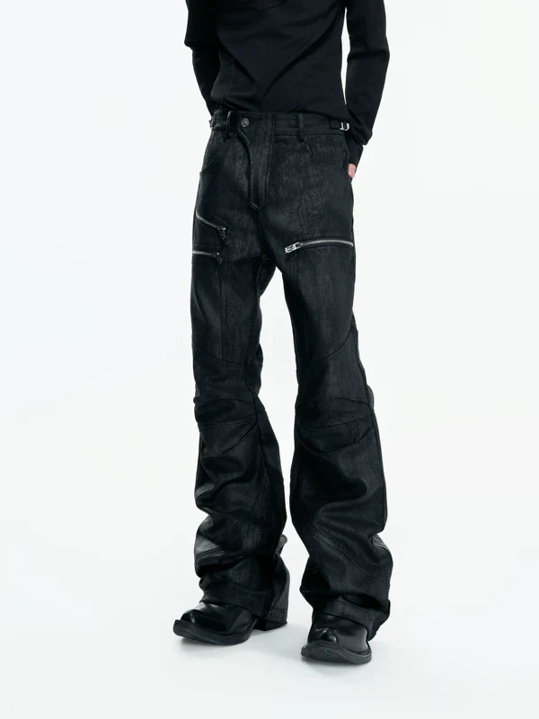 Zippered Patchwork Waxed Straight Leg Jeans - Image 2