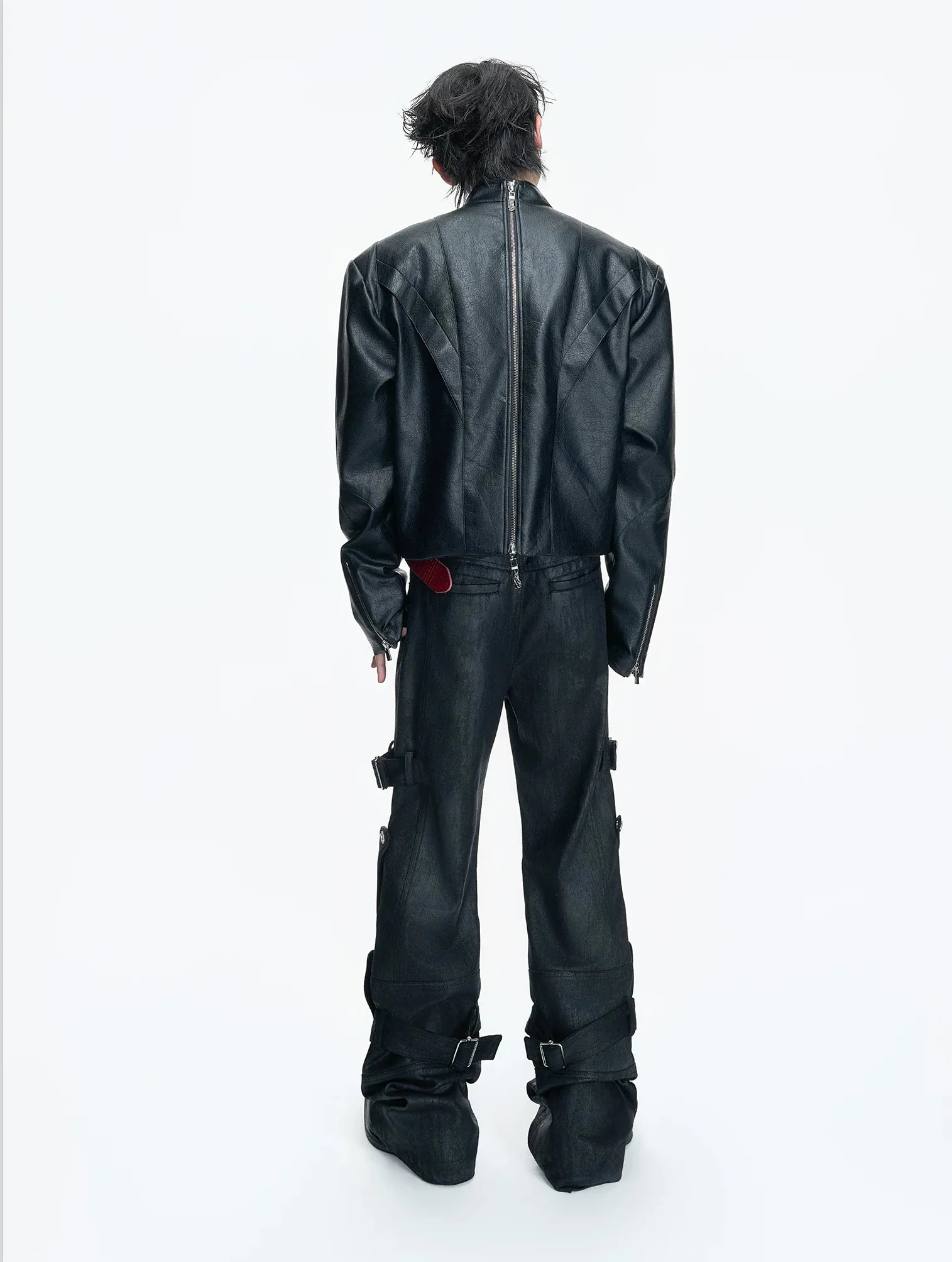 Zippered Patchwork Waxed Straight Leg Jeans - Image 7